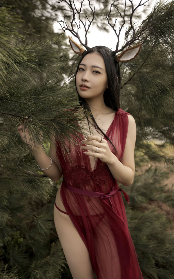 鹿角女孩夏暮光红纱透视长裙唯美无圣光图集