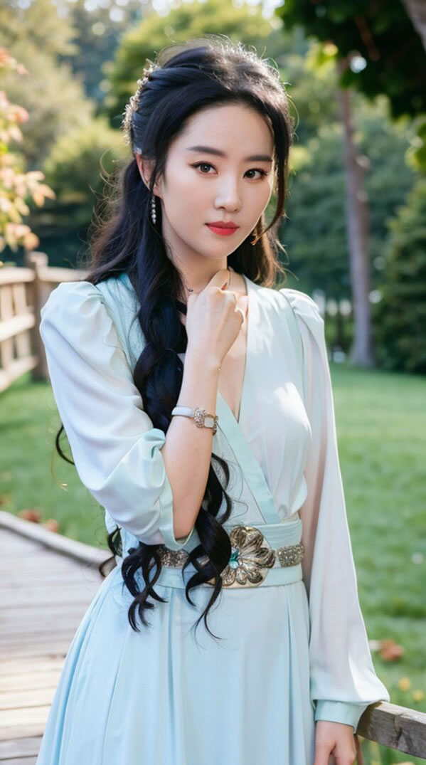 公园里长裙飘洒的清纯AI换脸美女